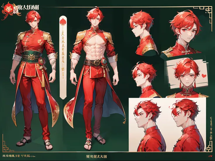 ((Masterpiece, Highest quality)), Detailed face, character design sheet，full body esbian, Full of details, frontal body view, back body view, Highly detailed, Depth, Many parts, Muscle boy with red hair，handsome man,  Traditional chinese clothes, Genshin I...