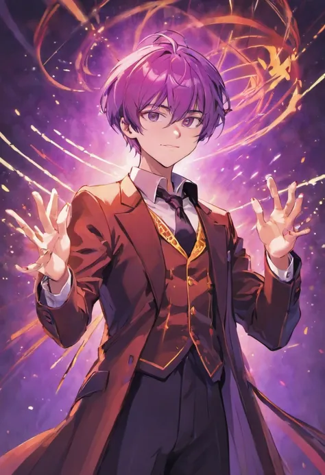 um homem de terno roxo segurando tesoura, attractive magician man, cartas de baralho, character, imagem de anime, white mask,arte completa, arte oficial do personagem, official character illustration