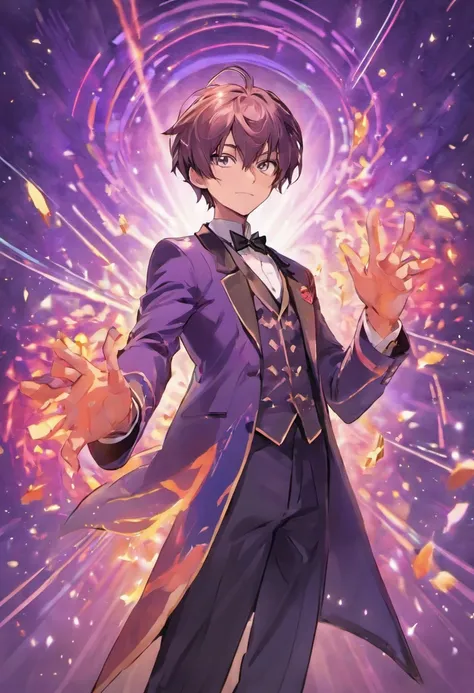 um homem de terno roxo segurando tesoura, attractive magician man, cartas de baralho, character, imagem de anime, white mask,arte completa, arte oficial do personagem, official character illustration