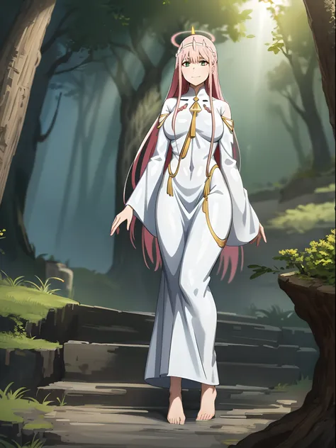 zero two, dress, sun halo, holy, smile, medium breast, priestess, full body, walking, divine aura, sun halo, solar halo, long sk...