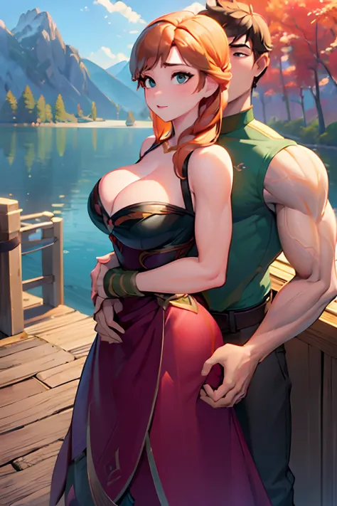 (masterpiece:1.4), (best qualit:1.4), (high resolution:1.4), Anna of arendelle and muscular man, couple, mans arms wrapped around anna, hugging, romance novel cover romantic, lake, huge breasts, cleavage, holding hands, forest, castle in background