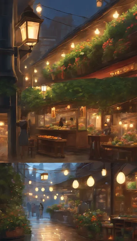 City flower shop, potted plants, flower, rainny night,water reflection puddle,oriental design, hanging lights , digital painting, sunset,wind up,concept art, illustration, intricate, many people, hanging lights, happy, beautiful colorful light, flower, pla...