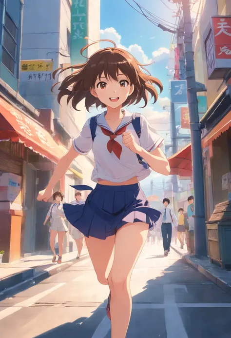 masterpiece, best quality, movie still, 1girl, cameltoe, loli, small breasts, flat chest, young girl, upskirt, skirt blown up, happy, smiling, windy, wind, street, public, backpack, schoolgirl, white panties, young, brown hair, crotch. skipping, running, s...