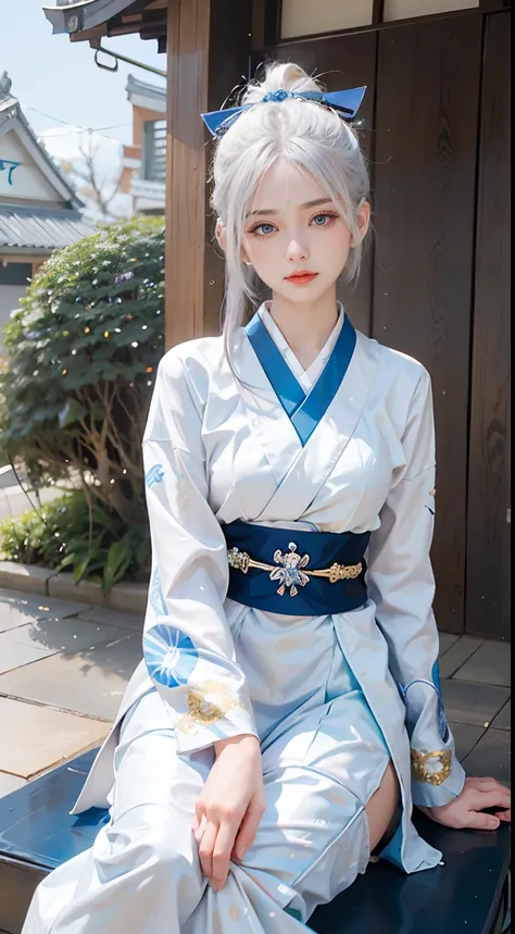 Transcendent beautiful girl with white hair and blue eyes、Stand dressed as a Japan samurai。Her white hair flutters in the wind、Blue eyes have a sharp gaze。She wears a traditional samurai costume.、A bright kimono and helmet accentuate its majesty.。The helme...