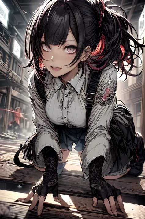 Ruins、Rosa、Rosa、dark in background、Full body、Bag、High School Costumes、long、校服、A dark-haired、Ahegao ( Silly / Sexual ecstasy)、Cross-eyed、Stranger、View other people、Blunt bangs、 over-kneehighs,Ahegao , Silly,Sexual ecstasy,Drunken eyes,Blunt bangs,,(masutepi...