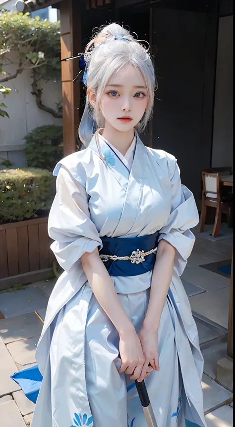 Transcendent beautiful girl with white hair and blue eyes、Stand dressed as a Japan samurai。Her white hair flutters in the wind、Blue eyes have a sharp gaze。She wears a traditional samurai costume.、A bright kimono and helmet accentuate its majesty.。The helme...