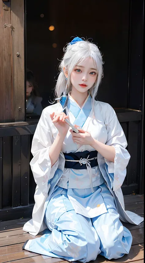 Transcendent beautiful girl with white hair and blue eyes、Stand dressed as a Japan samurai。Her white hair flutters in the wind、Blue eyes have a sharp gaze。She wears a traditional samurai costume.、A bright kimono and helmet accentuate its majesty.。The helme...