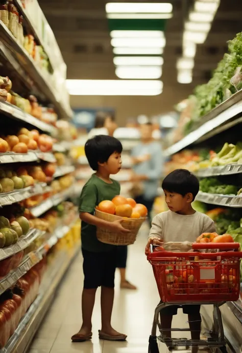 A boy helps his mother with things.Asian people，In the supermarket,The background should have the clarity of vegetables and fruits，Full image photorealistic photorealism，non blurry