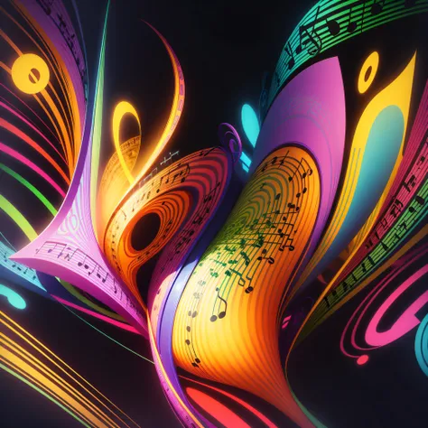 music notes, pscodelic style