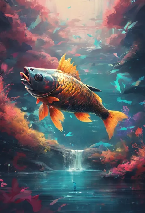 Stylized cyberpunk carp swimming upstream, surrounded by artistic strokes, symbolizing creativity