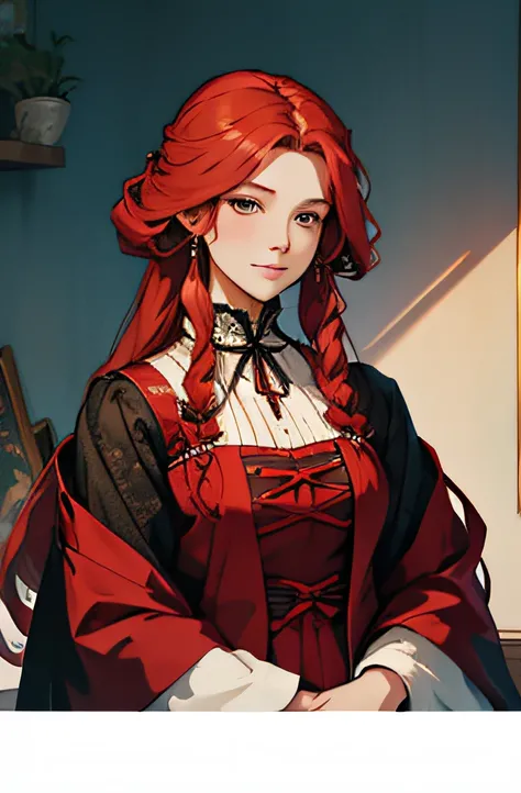 middle-aged woman, long red hair, victorian dress, noble, anime, korean art style