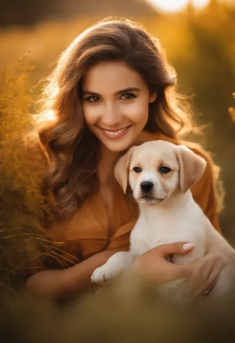 chiquita，o cachorrinho，Fresh and lovely，a warm color palette，Warm scene，smiling girl，Friendly puppy，Natural light，soft shade