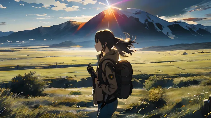 The vast sky, beautiful skyline, large grasslands, extremely tense and dramatic pictures, moving visual effects, the high-hanging Polaris, depth of field, low angle view, and colorful natural light. rugged jacket, jeans, and a girl with a backpack in centr...