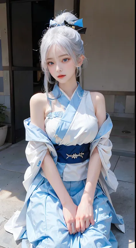 Transcendent beautiful girl with white hair and blue eyes、Stand dressed as a Japan samurai。Her white hair flutters in the wind、Blue eyes have a sharp gaze。She wears a traditional samurai costume.、A bright kimono and helmet accentuate its majesty.。The helme...