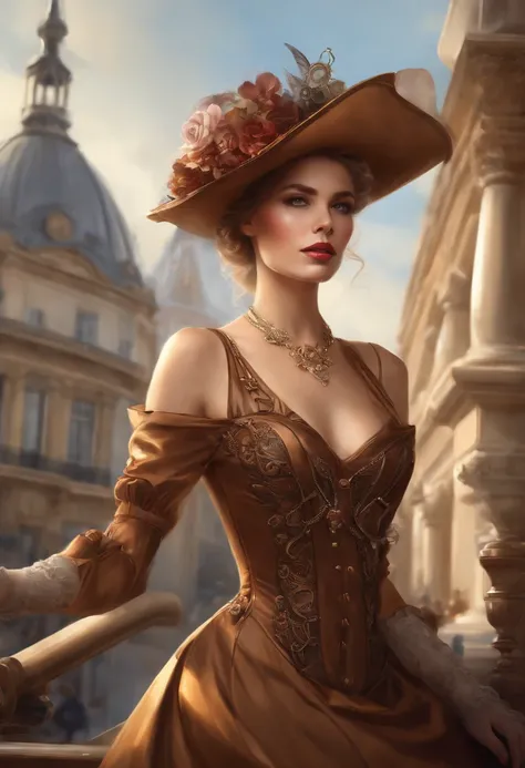 photo of (( )), wearing elegant dress steampunk items, modern day in Paris , intricate, elegant, highly detailed, digital painting, artstation, concept art, smooth, sharp focus, illu0.8ation, art by artgerm and greg rutkowski and alphonse mucha