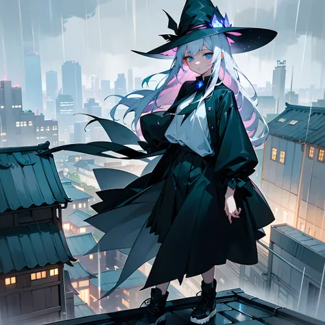 Rooftop of a building late at night in the rain、Rainy night view、One Wizard Girl Standing、Black coat、white t-shirts、a black skirt、white hair with a green mesh、Blue eyes with highlights、Looking at me with a desperate expression、Large witch hat with sapphire...