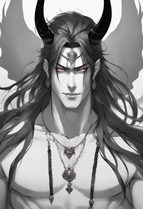 a close up of a person with long hair and a necklace, handsome guy in demon killer art, handsome japanese demon boy, beautiful male god of death, tsurumaki kazuya, the former demon king, taisho roma, shikanosuke yagaki, inspirado em Okumura Masanobu, fit m...