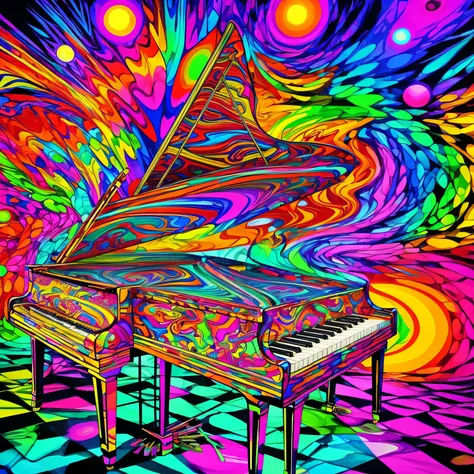 piano, psychedelic style, muitas cores