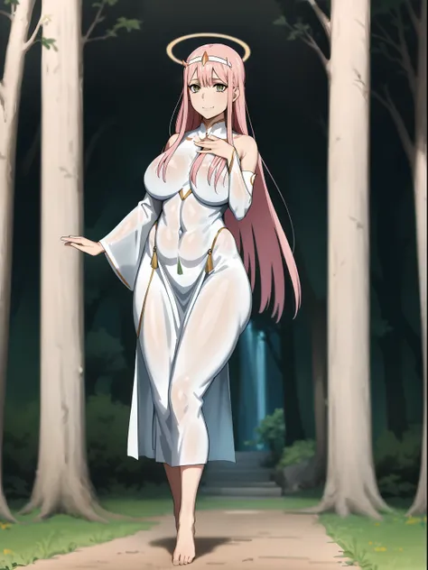 Zero Two, dress, sun halo, holy, smile, medium breast, priestess, full body, walking, divine aura, sun halo, solar halo, long skirt, porcelain skin, ethereal, graceful movement, flowing golden hair, radiant beauty, enchanting gaze, serene expression, soft ...