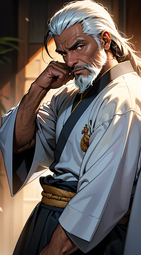 um homem de pele negra, idoso, velho, careca, barba longa e branca, wise (melhor qualidade), adolescente, Ultra resolution, arte profissional, ultra detalhado, perfect lighting, expression serious, foco masculino, kimono branco