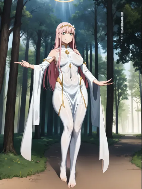 Zero Two, dress, sun halo, holy, smile, medium breast, priestess, full body, walking, divine aura, sun halo, solar halo, long skirt, porcelain skin, ethereal, graceful movement, flowing golden hair, radiant beauty, enchanting gaze, serene expression, soft ...