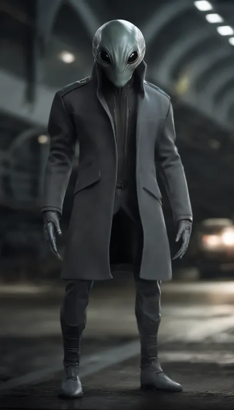 gray alien wearing gray jacket, zeta culili, standing, high resolution, ultra realistic