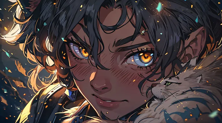 Close up in a beautiful black man with middle wavy hair, young man, confident eyes, Black beauty, golden eyes, cat ears, and a confident smile, dressed in dark and black clothes like an assassin, a fantasy character, an RPG character. Warm lighting, snowfl...