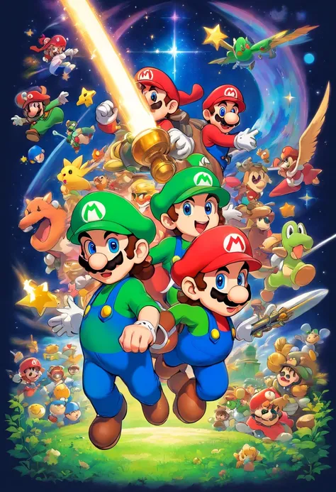 Mario Bros T-Shirt Design, luigi y los hongos y estrellas