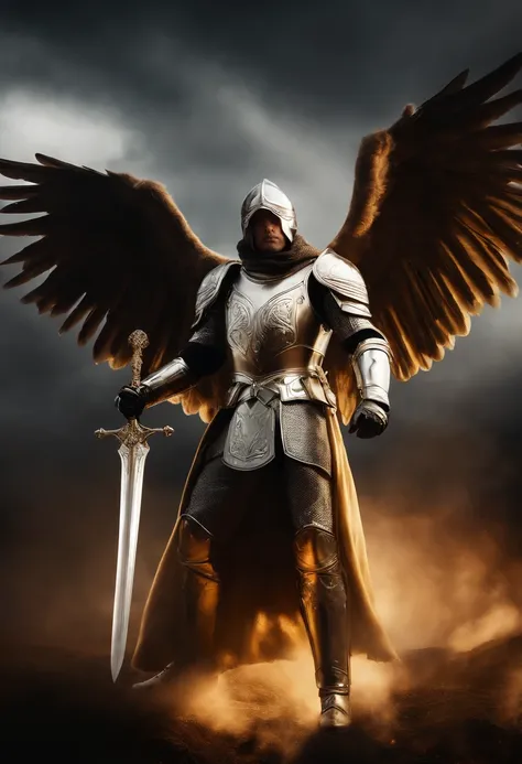 Diabo ultrarrealista: A golden angel with wings spread with a sword of fire in his hand, Voando sobre um campo de batalha sombrio, Dark Smoke Setting Portrait of Man a Knight, blonde hair, Sobre Polar Sky Aurora Fantasy Winter, ouro, Uplighting, Detailed a...