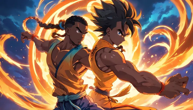 a black man with long braided hair, specifically the naga braid, demonstrating the social style of Capoeira with distinct wolf characteristics, resembling the art style of Dragon Ball. 

(best quality, 4k, highres, realistic:1.2), ultra-detailed, studio li...