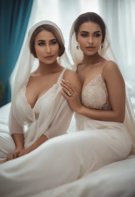 Lesbians, hijab, long dress, big boobs, Nipple, romantic, in room, on bed, sexy, seductive, licking each others lips, love, sexy, soft Lighting, want to , with