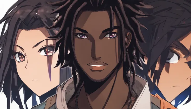 dark skin teenage man, handsome, thick black dreadlock hair, brown eyes, slender, strong, spearman, handsome, anime, lion ears and tail, demon slayer artstyle