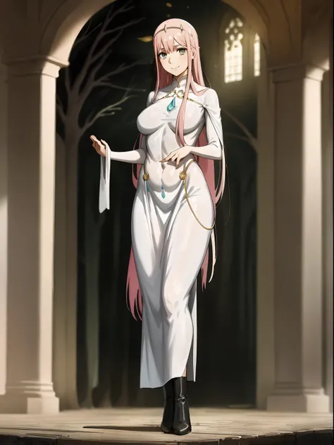 Zero Two, dress, sun halo, holy, smile, medium breast, priestess, full body, walking, divine aura, sun halo, solar halo, long skirt, porcelain skin, ethereal, graceful movement, flowing golden hair, radiant beauty, enchanting gaze, serene expression, soft ...