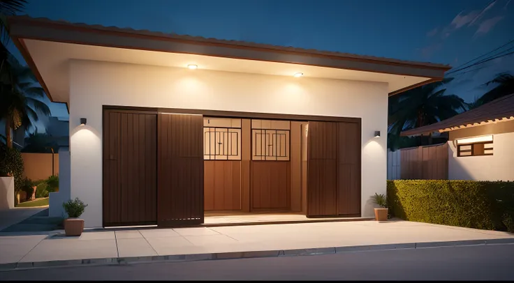 Southwest View, frontal, de uma pequena casa de tijolos, ((estilo moderno)),garagem, porta, janela, ((varanda na frente com cobertura de telhas colonial)),acesso concretado, jardim, night ligthning, Lumion Pro rendering, cinematic quality