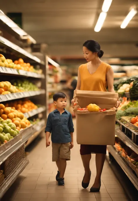 A boy helps his mother with things.Asian people，Normal eye size，Limb coordination，In the supermarket,The background should have the clarity of vegetables and fruits，Capture technology，Side Body，Full image photorealistic photorealism，non blurry