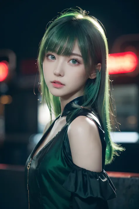 ((masutepiece)), ((Best Quality)), (Ultra-detailed), ((Extremely detailed)), 4K, (8K), Best Quality, (Beautiful), Dynamic Angle 0, Cute little girl s, 1girl in, Solo, Steampunk, Dress like neon, Beautiful green hair, Beautiful green eyes, ((Beautiful eyes)...