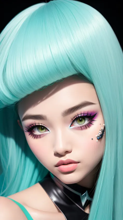 cartoon image of a woman with permeated hair, bright light green makeup and black face detail super cute 18 year old korean mode...