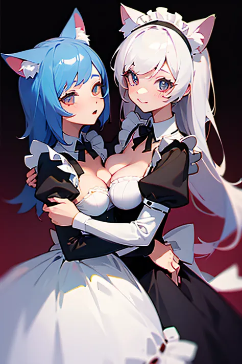 two girls, catgirl, cute, maid dress, breast envy, huge breasts, small breasts