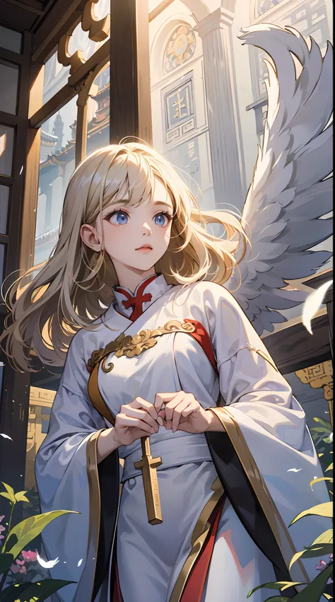 「(Angel Girl:1.3)But、With shiny blonde hair and transparent white feathers、Floating in the air wearing a pure white robe。Her eyes were deep blue.、Stars in those eyes々Reflected」In her hands、A filigible gold staff is held in his hand.、A faint light is emitte...