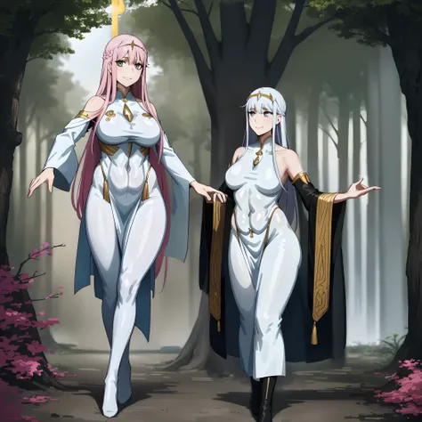 Zero Two, dress, sun halo, holy, smile, medium breast, priestess, full body, walking, divine aura, sun halo, solar halo, long skirt, porcelain skin, ethereal, graceful movement, flowing golden hair, radiant beauty, enchanting gaze, serene expression, soft ...