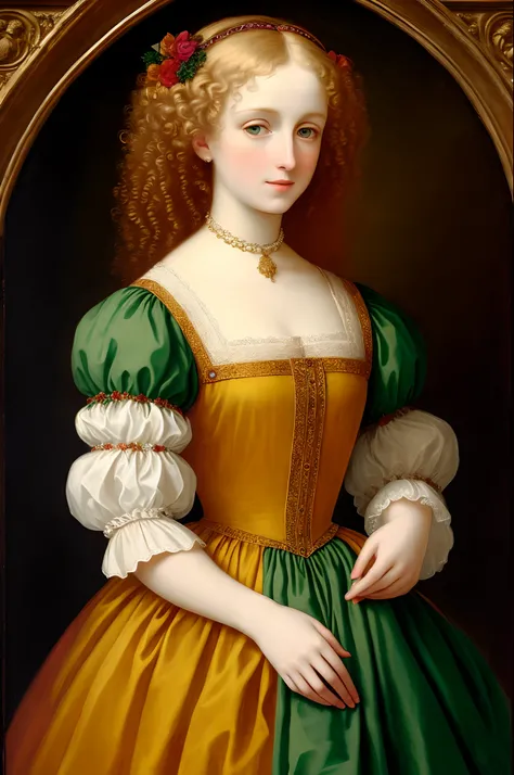 Renaissance style painting of blonde curly haired pale women with a colorful detailed dress