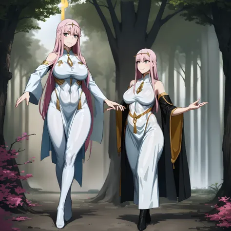 Zero Two, dress, sun halo, holy, smile, medium breast, priestess, full body, walking, divine aura, sun halo, solar halo, long skirt, porcelain skin, ethereal, graceful movement, flowing golden hair, radiant beauty, enchanting gaze, serene expression, soft ...