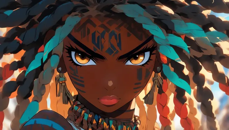 "(best quality,ultra-detailed),Ebony skin,Ebony skinned female:1.1,beautiful detailed eyes,beautiful detailed lips,white dreadlocks,thicc,tribal warrior outfit,not too strong looking,confident posture,exotic background,sharp focus,vivid colors"