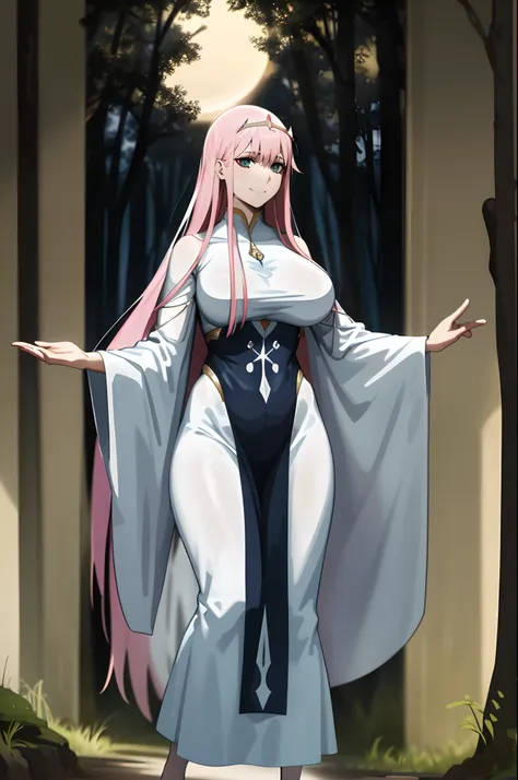 zero two, dress, sun halo, holy, smile, medium breast, priestess, full body, walking, divine aura, sun halo, solar halo, long sk...