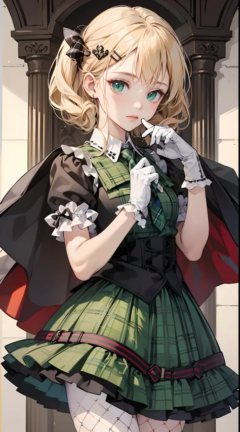 (Gothic Lolita: 1.4), (Open short cape: 1.2), ((Ribbon, frill): 1.3), (Green tartan plaid pattern: 1.3), ((White collar, tie): 1.3), (Short sleeve: 1.2) , ((Ruffle skirt, multilayer skirt): 1.3), (Fishnet tights: 1.2), (Gloves: 1.2), ( × hair ornament, hai...