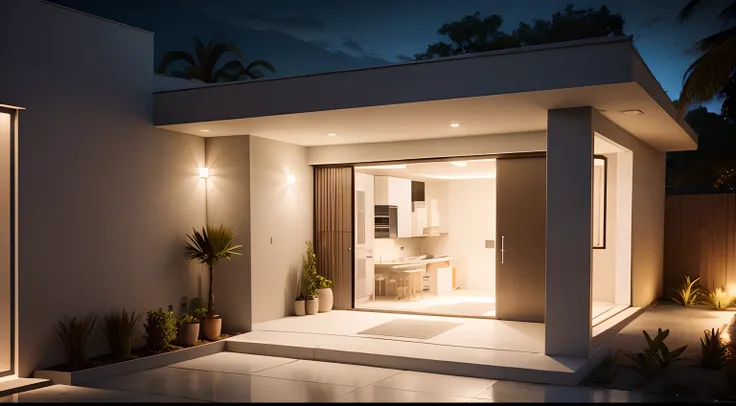 Southwest front view, casa, ((estilo moderno), uma gararem,uma porta,uma janela, entrada concretada, jardim,night ligthning, Lumion Pro rendering, cinematic quality