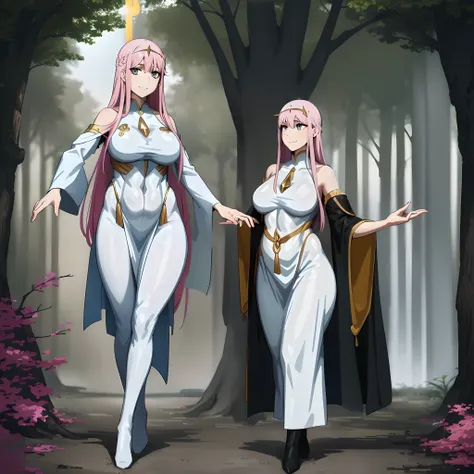 Zero Two, dress, sun halo, holy, smile, medium breast, priestess, full body, walking, divine aura, sun halo, solar halo, long skirt, porcelain skin, ethereal, graceful movement, flowing golden hair, radiant beauty, enchanting gaze, serene expression, soft ...