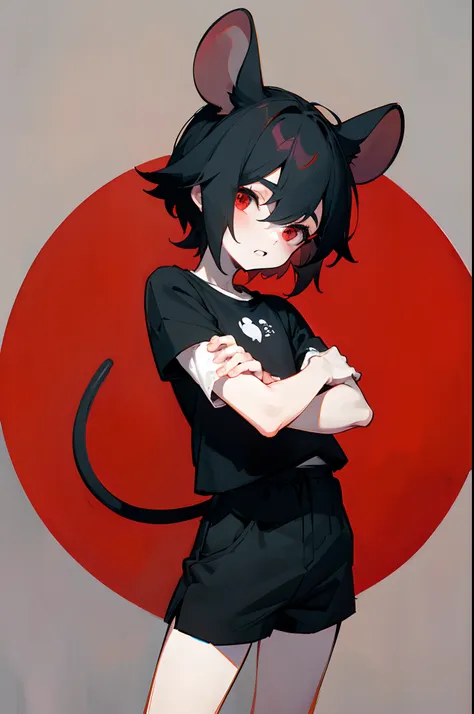 little boy, round circular mouse ears, mouse tail, pale skin, buck teeth, cute, black shirt, nervous, black hair, shy, sfw, blac...