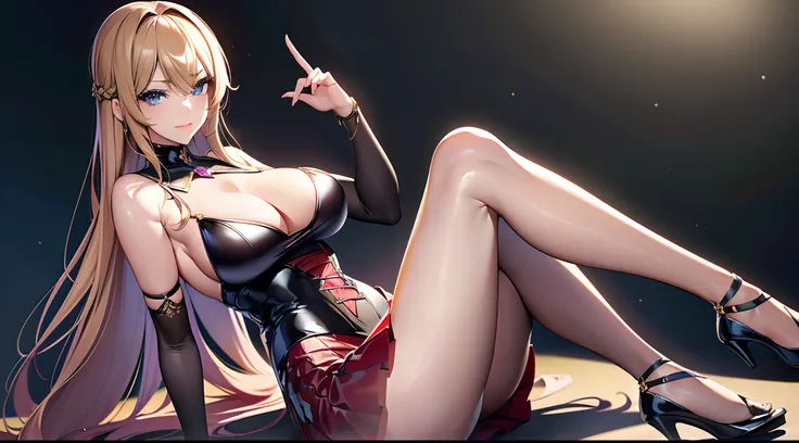 ((16ｋ,top-quality,hight resolution,Ray tracing,PBR Texture,Post-processing,)),((Dark red leather bondage skirt, Cute Japan anime girl,Violet Evergarden,Long wavy blonde hair,Big breasts that emphasize cleavage:2.0,bare hand,Thin leg,blue eyess,complete５Dep...