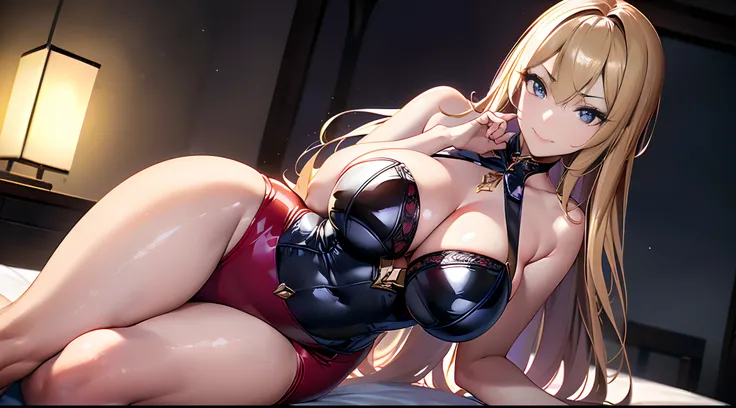 ((16ｋ,top-quality,hight resolution,Ray tracing,PBR Texture,Post-processing,)),((Dark red leather bondage skirt, Cute Japan anime girl,Violet Evergarden,Long wavy blonde hair,Big breasts that emphasize cleavage:2.0,bare hand,Thin leg,blue eyess,complete５Dep...